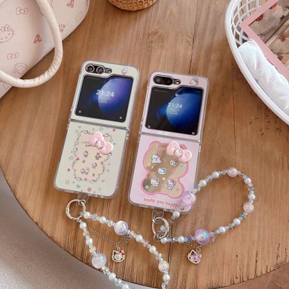 Skorter | Cute Cartoon Flip Samsung Z Flip Case – Soft Pastel Kitty Design with 3D Bow & Bead Carry Charm
