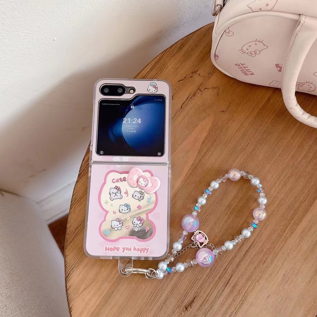 Skorter | Cute Cartoon Flip Samsung Z Flip Case – Soft Pastel Kitty Design with 3D Bow & Bead Carry Charm