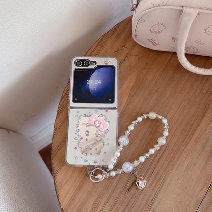 Skorter | Cute Cartoon Flip Samsung Z Flip Case – Soft Pastel Kitty Design with 3D Bow & Bead Carry Charm