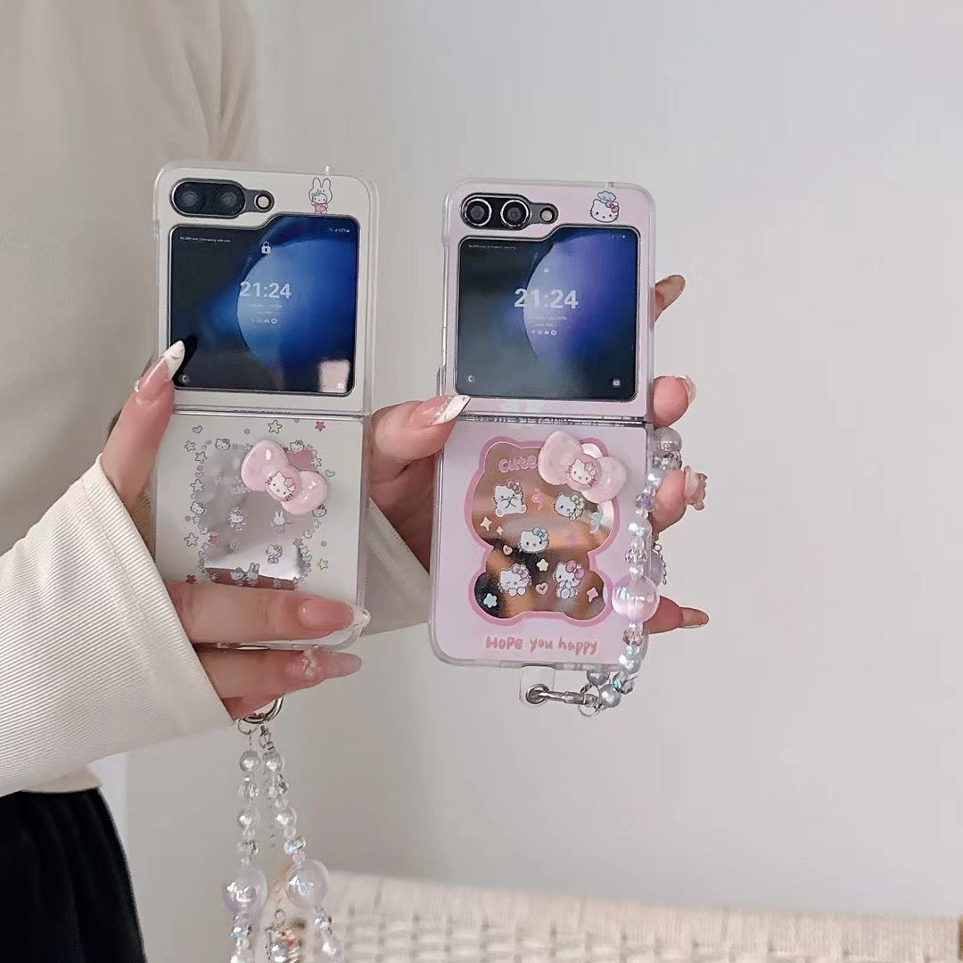 Skorter | Cute Cartoon Flip Samsung Z Flip Case – Soft Pastel Kitty Design with 3D Bow & Bead Carry Charm