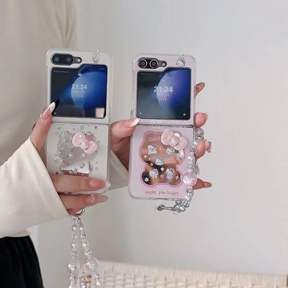 Skorter | Cute Cartoon Flip Samsung Z Flip Case – Soft Pastel Kitty Design with 3D Bow & Bead Carry Charm