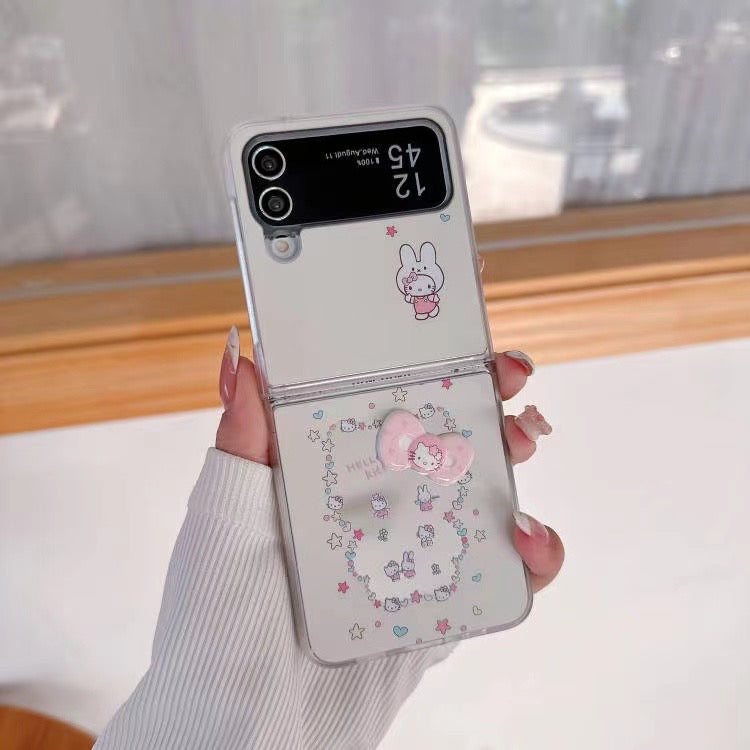 Skorter | Cute Cartoon Flip Samsung Z Flip Case – Soft Pastel Kitty Design with 3D Bow & Bead Carry Charm