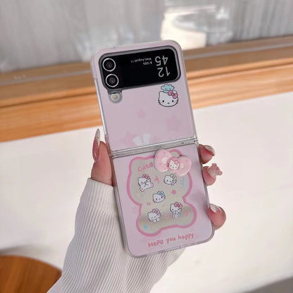 Skorter | Cute Cartoon Flip Samsung Z Flip Case – Soft Pastel Kitty Design with 3D Bow & Bead Carry Charm