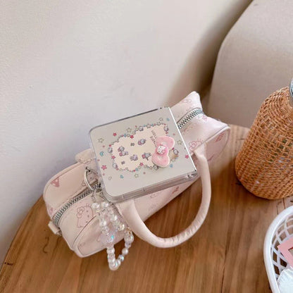 Skorter | Cute Cartoon Flip Samsung Z Flip Case – Soft Pastel Kitty Design with 3D Bow & Bead Carry Charm