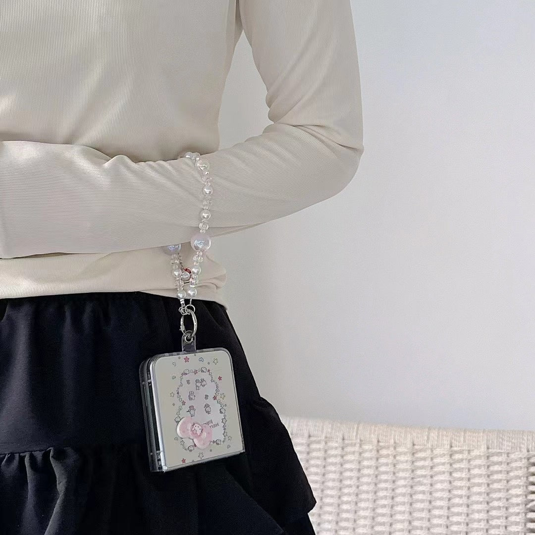 Skorter | Cute Cartoon Flip Samsung Z Flip Case – Soft Pastel Kitty Design with 3D Bow & Bead Carry Charm