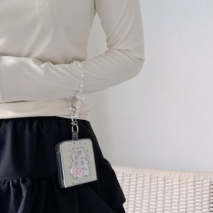 Skorter | Cute Cartoon Flip Samsung Z Flip Case – Soft Pastel Kitty Design with 3D Bow & Bead Carry Charm