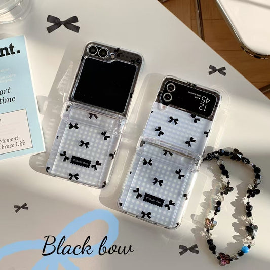 Skorter | Black Bow Gingham For Samsung Galaxy Z Flip Case And Cute Bow Pattern With Butterfly Pendant