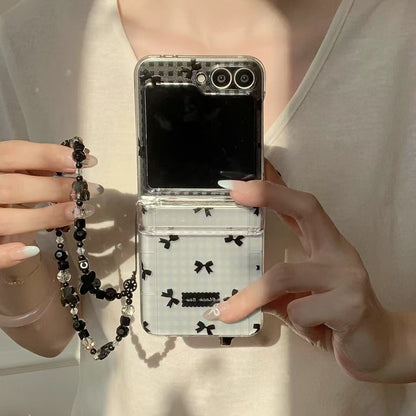 Skorter | Black Bow Gingham For Samsung Galaxy Z Flip Case And Cute Bow Pattern With Butterfly Pendant