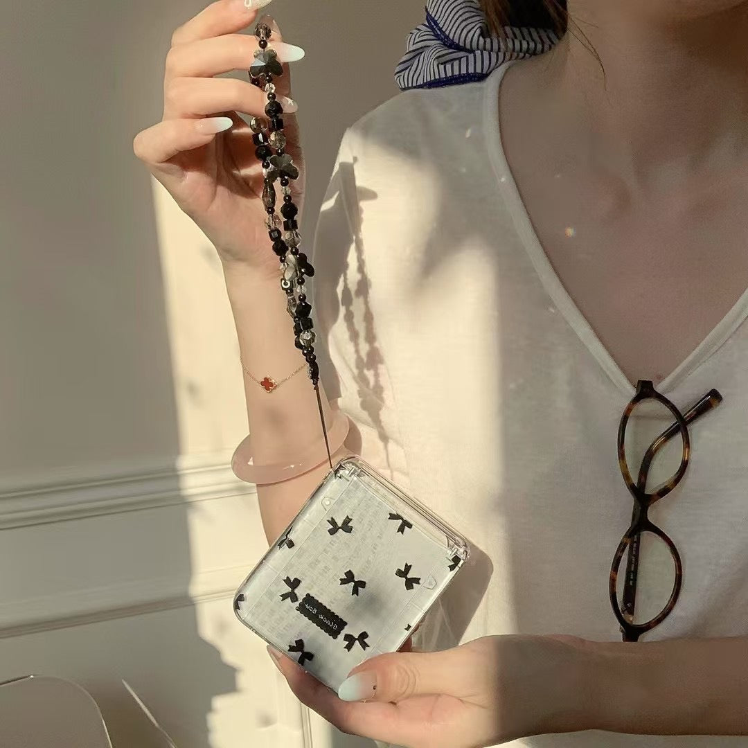 Skorter | Black Bow Gingham For Samsung Galaxy Z Flip Case And Cute Bow Pattern With Butterfly Pendant