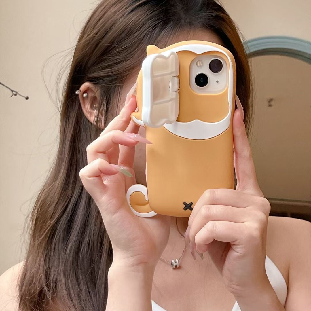 Skorter | Cute Dog Bite Silicone iPhone Case with 3D Bone Stand – Brown Puppy Design
