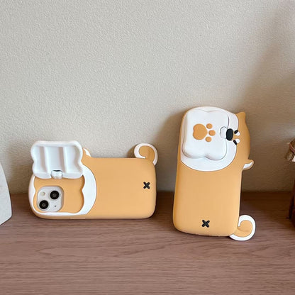 Skorter | Cute Dog Bite Silicone iPhone Case with 3D Bone Stand – Brown Puppy Design