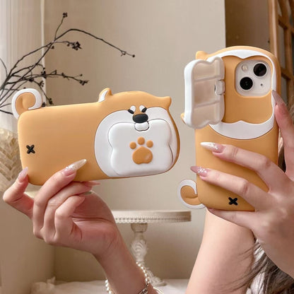 Skorter | Cute Dog Bite Silicone iPhone Case with 3D Bone Stand – Brown Puppy Design