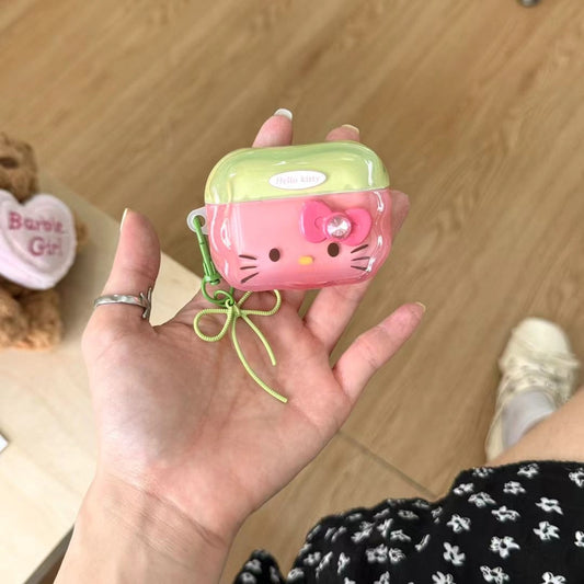 Skorter | Cute Kitty AirPods case and shiny pink & green with bow pendant
