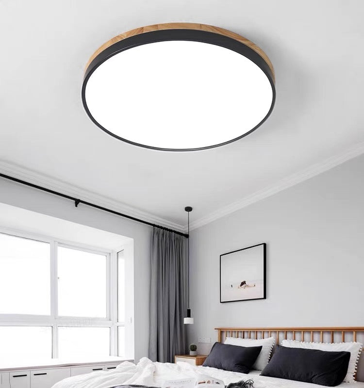 Skorter | Wooden Round Shape Flush Ceiling Light | LED. Solid Wood & Iron for Living Room. Dining Room & Hallway