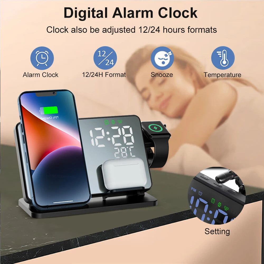 Skorter | 3-in-1 Quick Charge Station | Premium Wireless Fast Charging Docking Station with Alarm Clock | for Apple iPhone, Watch & AirPods