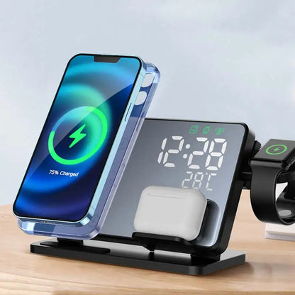 Skorter | 3-in-1 Quick Charge Station | Premium Wireless Fast Charging Docking Station with Alarm Clock | for Apple iPhone, Watch & AirPods