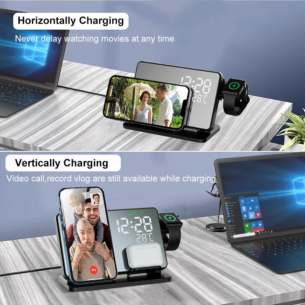 Skorter | 3-in-1 Quick Charge Station | Premium Wireless Fast Charging Docking Station with Alarm Clock | for Apple iPhone, Watch & AirPods