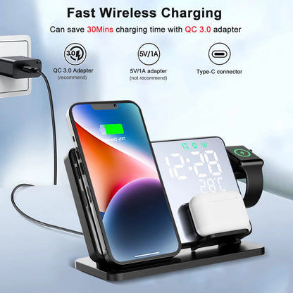 Skorter | 3-in-1 Quick Charge Station | Premium Wireless Fast Charging Docking Station with Alarm Clock | for Apple iPhone, Watch & AirPods
