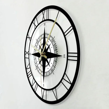 Skorter | Decorative Silent Wall Clock with Acrylic Compass – Modern Nautical Design