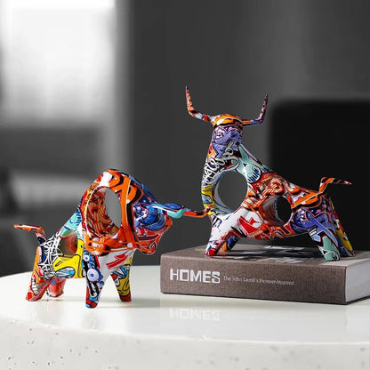 Skorter | Colourful Bull Sculpture – Modern Resin Statue with Graffiti Art Design