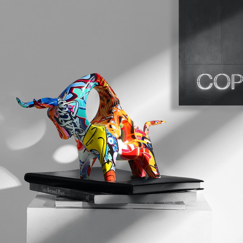 Skorter | Colourful Bull Sculpture – Modern Resin Statue with Graffiti Art Design