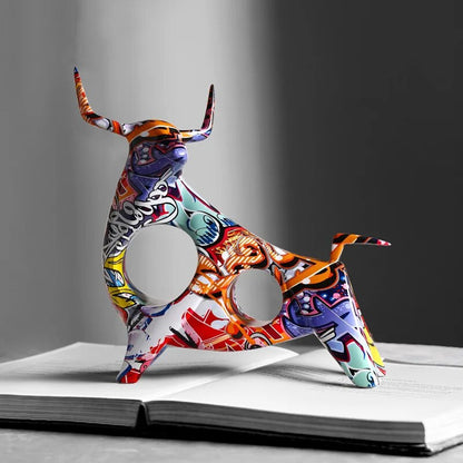 Skorter | Colourful Bull Sculpture – Modern Resin Statue with Graffiti Art Design