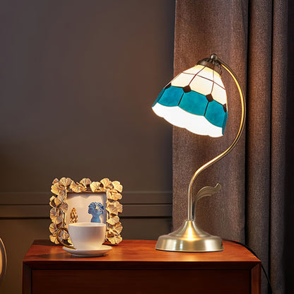 Skorter | LuxePetal – White and Blue Glass Floral Table Lamp in Gold