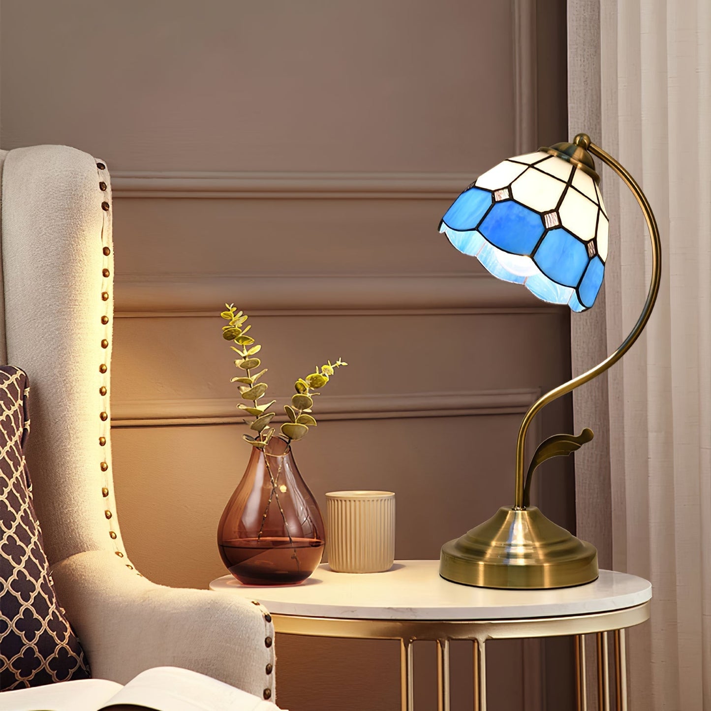 Skorter | LuxePetal – White and Blue Glass Floral Table Lamp in Gold