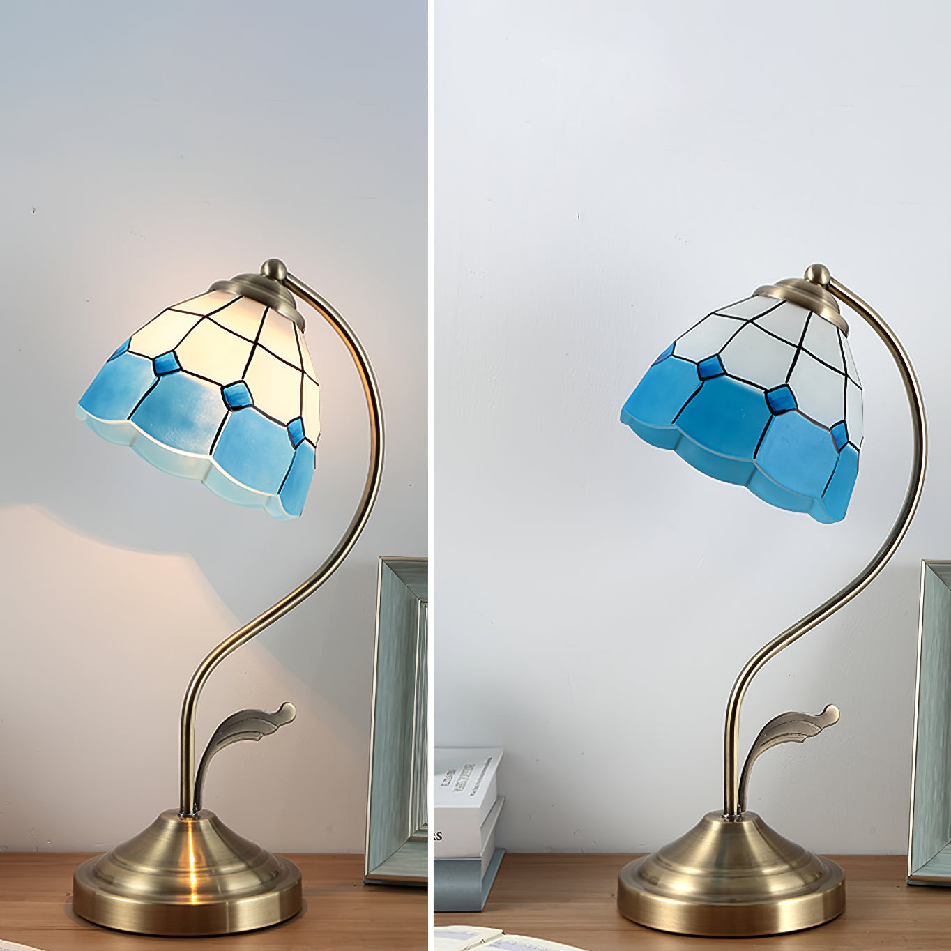 Skorter | LuxePetal – White and Blue Glass Floral Table Lamp in Gold