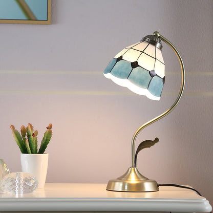 Skorter | LuxePetal – White and Blue Glass Floral Table Lamp in Gold
