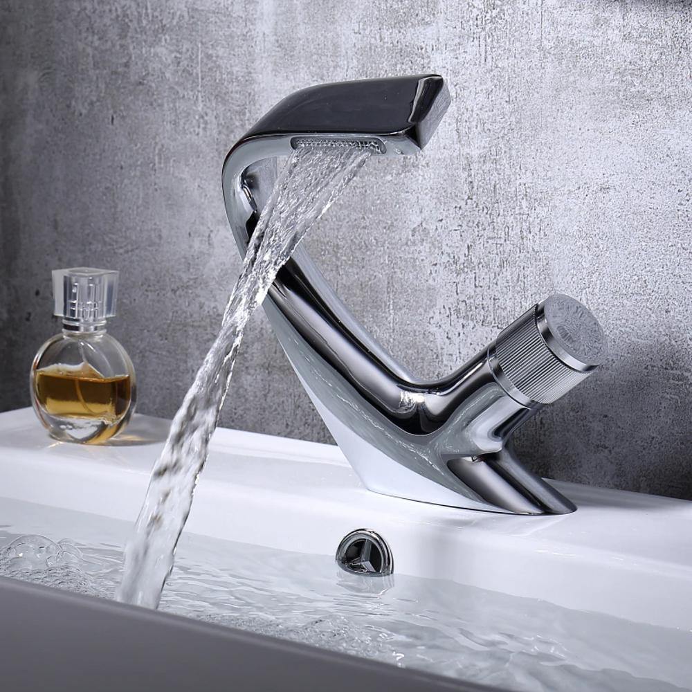Skorter | AQUACASCADE Basin Tap – Modern Waterfall Bathroom Mixer Tap in Solid Brass