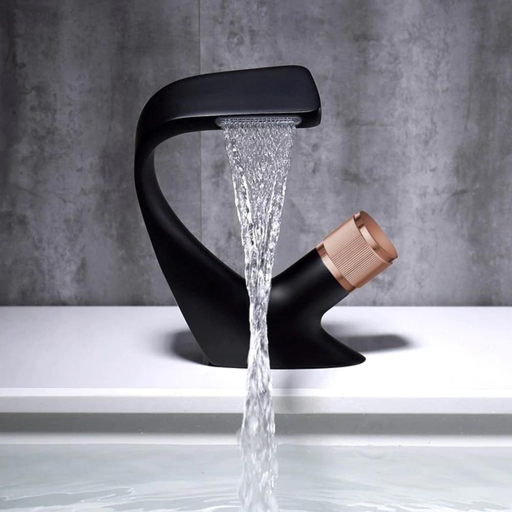 Skorter | AQUACASCADE Basin Tap – Modern Waterfall Bathroom Mixer Tap in Solid Brass