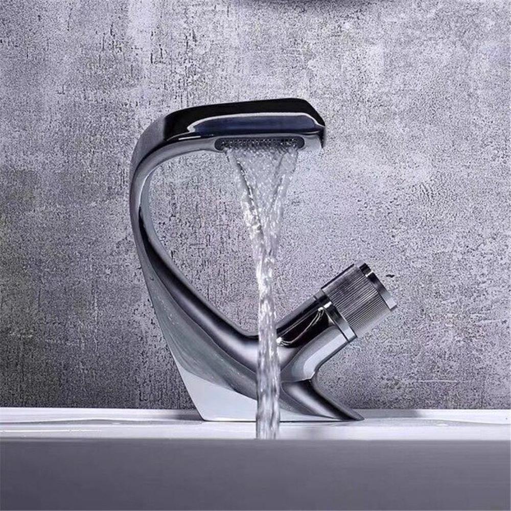 Skorter | AQUACASCADE Basin Tap – Modern Waterfall Bathroom Mixer Tap in Solid Brass