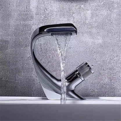 Skorter | AQUACASCADE Basin Tap – Modern Waterfall Bathroom Mixer Tap in Solid Brass