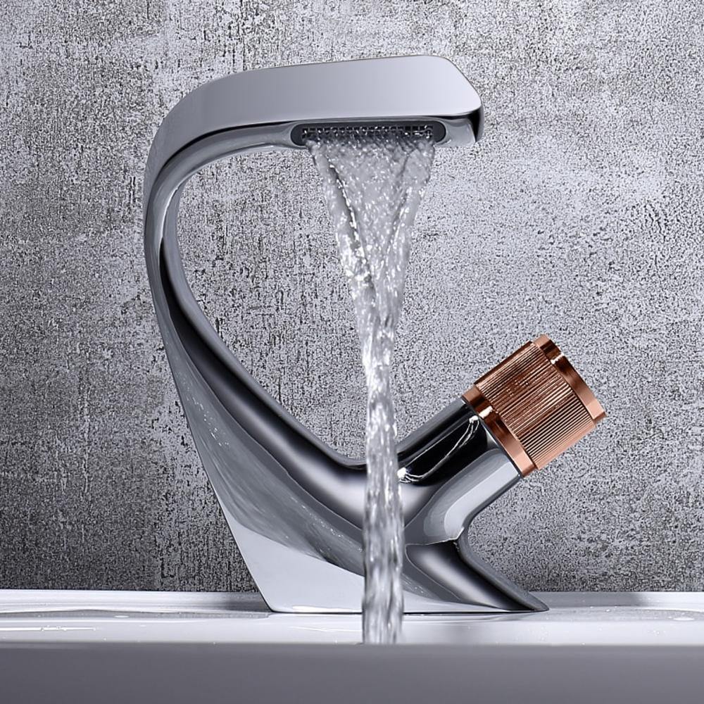 Skorter | AQUACASCADE Basin Tap – Modern Waterfall Bathroom Mixer Tap in Solid Brass