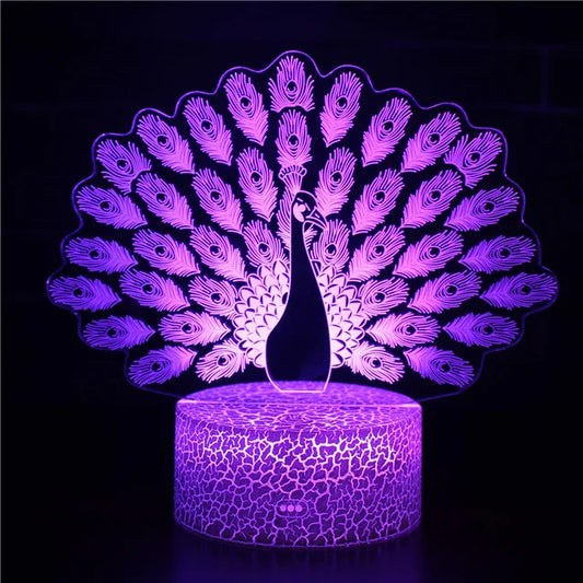 Skorter | PeacockGlow - LED Night Light with 3D Effect and Color Change, Decorative Table Lamp