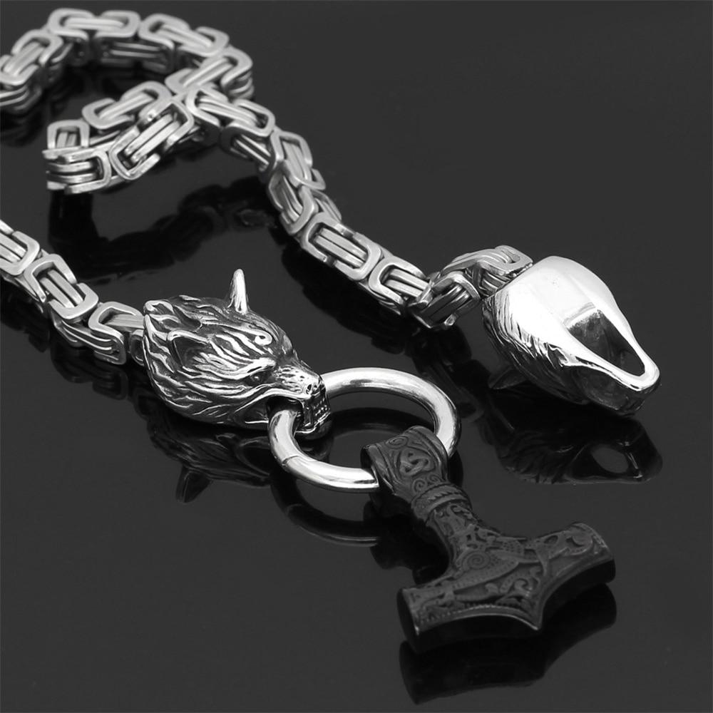 Skorter | 60–90 cm Stainless Steel Double Wolf Head & Mjolnir Survival Spirit Necklace/Bracelet