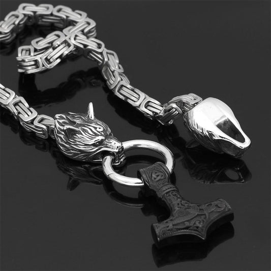 Skorter | 60–90 cm Stainless Steel Double Wolf Head & Mjolnir Survival Spirit Necklace/Bracelet