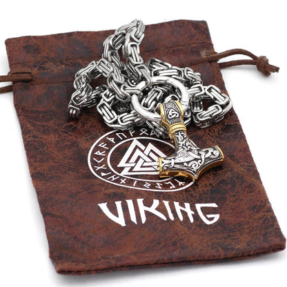 Skorter | 60–90 cm Stainless Steel Double Wolf Head & Mjolnir Survival Spirit Necklace/Bracelet