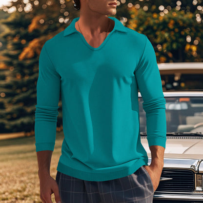 Men's Long Sleeve Shirt with Modern V-Neck and Textured Design Skorter