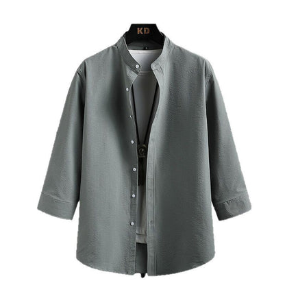 Men's Nice Long Sleeve Shirt with Modern Stand-Up Collar and Textured Fabric Skorter