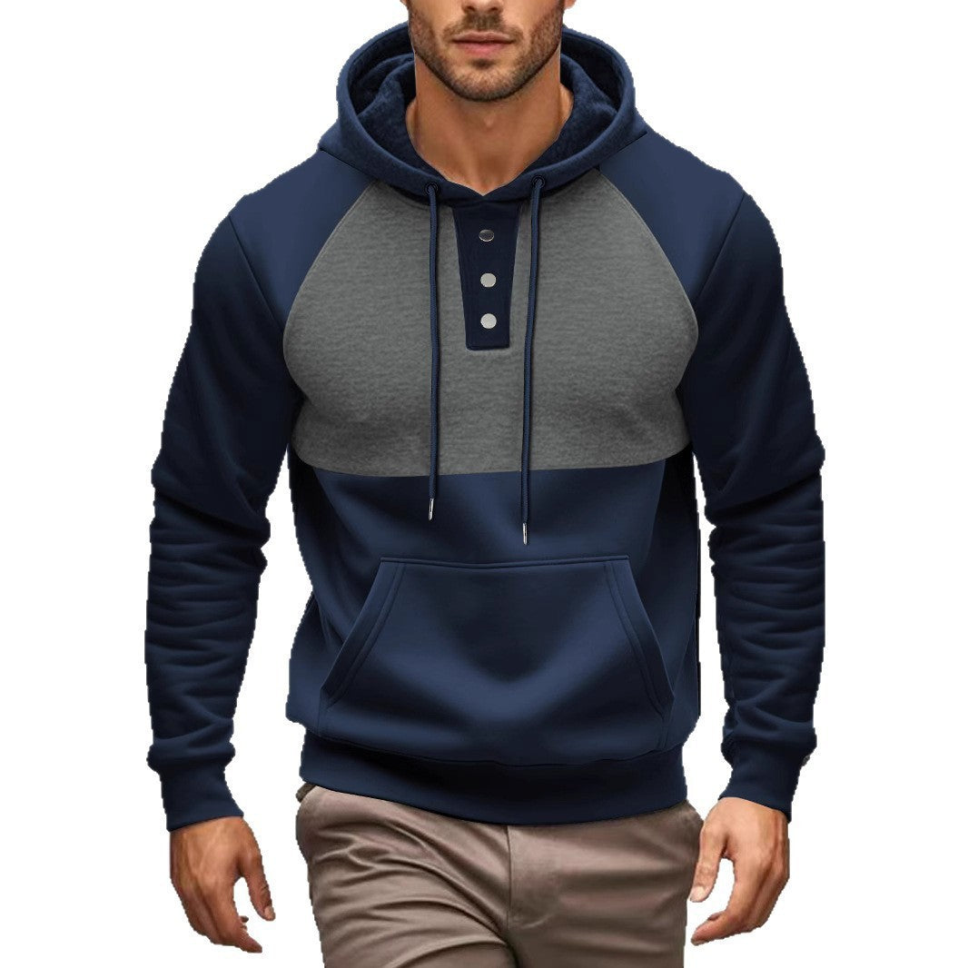 Men's stylish hoodie with contrasting color zone and practical button details Skorter