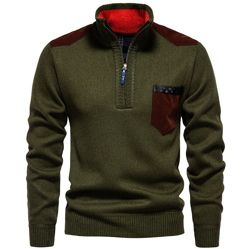 Men's Stand Collar Sweater with Contrasting Details and Practical Pockets Skorter