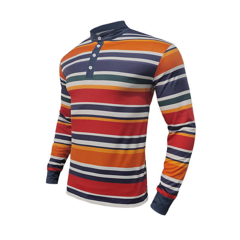 Men's Long Sleeve Shirt with Textured Striped Pattern and Sporty Collar Skorter
