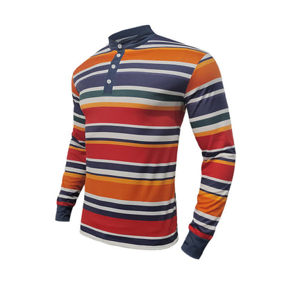 Men's Long Sleeve Shirt with Textured Striped Pattern and Sporty Collar Skorter