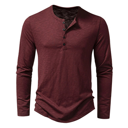 Men's Long Sleeve T-Shirt with Button Placket and Fashionable Stand-up Collar Skorter