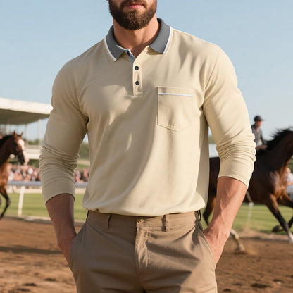 Men's stylish long sleeve polo shirt with textured surface and practical chest pocket Skorter