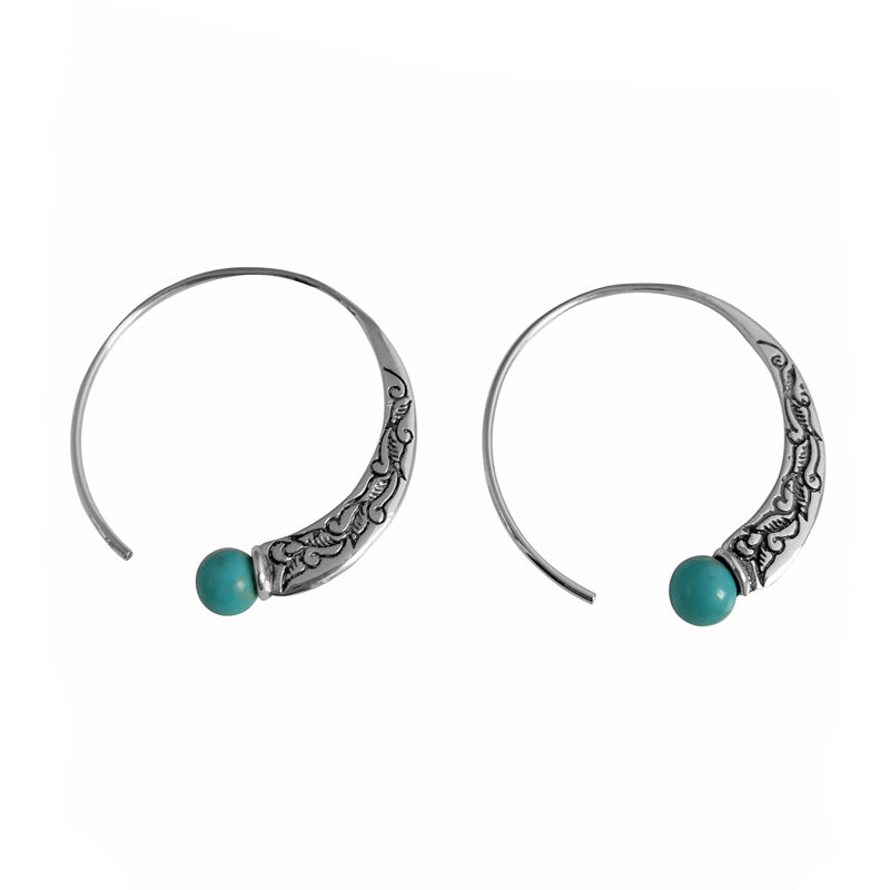 Skorter | Blue Tibetan silver national handmade retro style earrings engraved turquoise Chinese style earrings