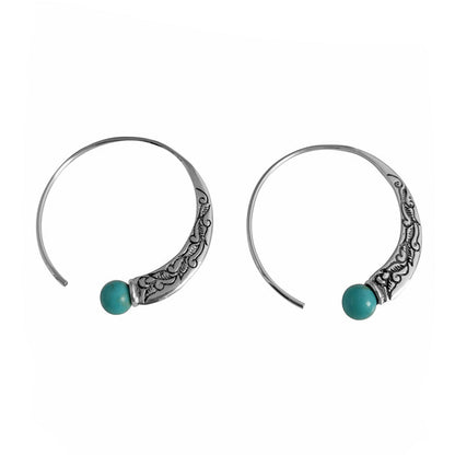 Skorter | Blue Tibetan silver national handmade retro style earrings engraved turquoise Chinese style earrings