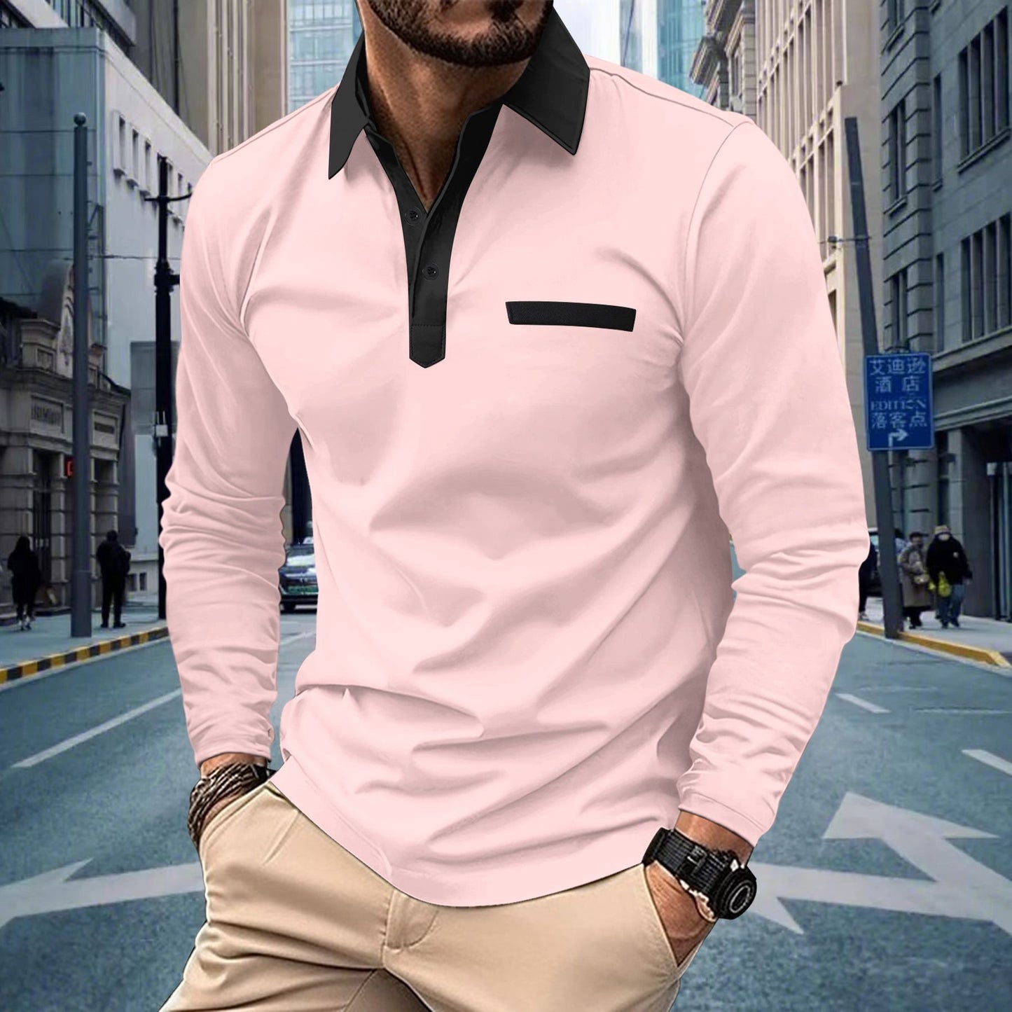 Men's Sporty Long Sleeve Shirt with Contrast Details Skorter